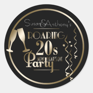 Pegatina Redonda Año Nuevo 2020 Roaring 20s Gold Retro Tema