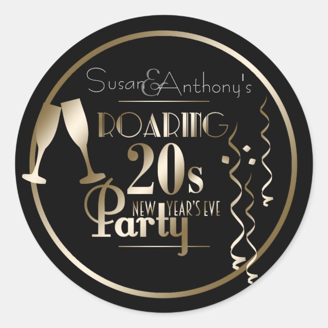 Pegatina Redonda Año Nuevo 2020 Roaring 20s Gold Retro Tema (Anverso)