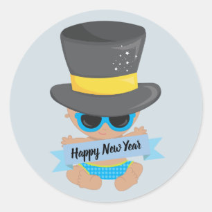 Pegatina Redonda Año Nuevo bebé con pancarta