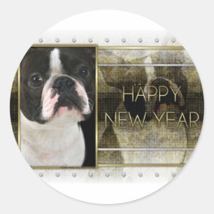 Pegatina Redonda Año Nuevo - Elegancia dorada - Boston Terrier