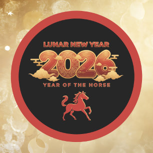 Pegatina Redonda Año Nuevo Lunar 2026 Año del Caballo Rojo Negro
