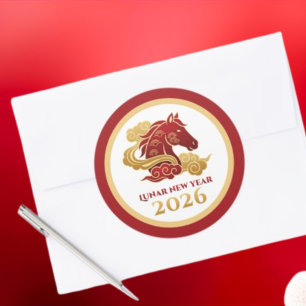 Pegatina Redonda Año Nuevo Lunar Chino 2026 Caballo Rojo y Dorado