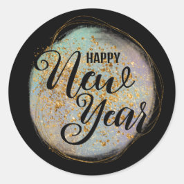 Pegatina Redonda Año Nuevo Purpurina del Oro Negro