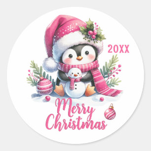 Pegatina Redonda Año personalizado Pingüino de diversión rosa blanc