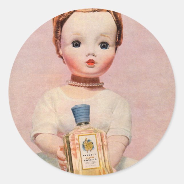 Pegatina Redonda Años 1950 Yardley y Madame Alexander doll (Anverso)