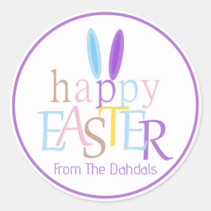 Pegatina Redonda Años conejitas personalizados Feliz Pascua Lilac P