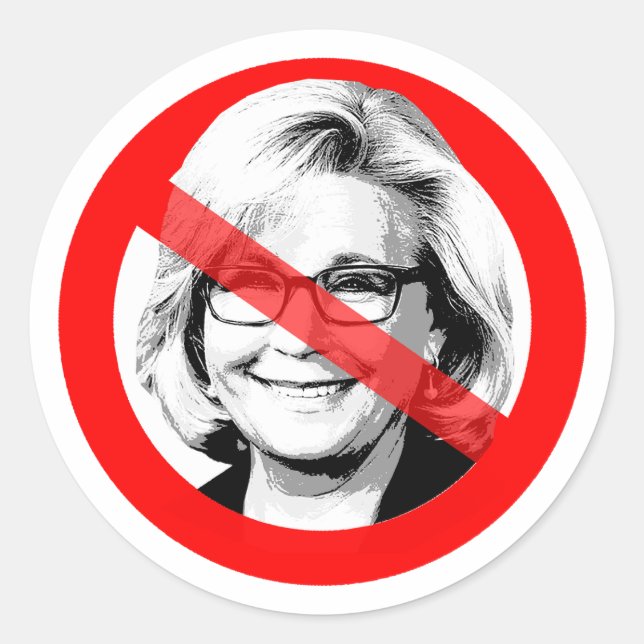 Pegatina Redonda Anti Liz Cheney cruzó la cara (Anverso)