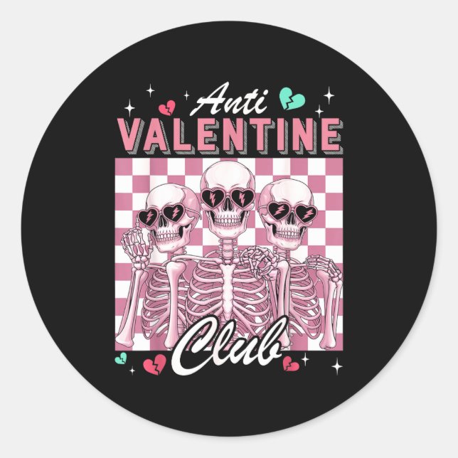 Pegatina Redonda Anti Valentine Club Skeleton Funny Single Valentin (Anverso)