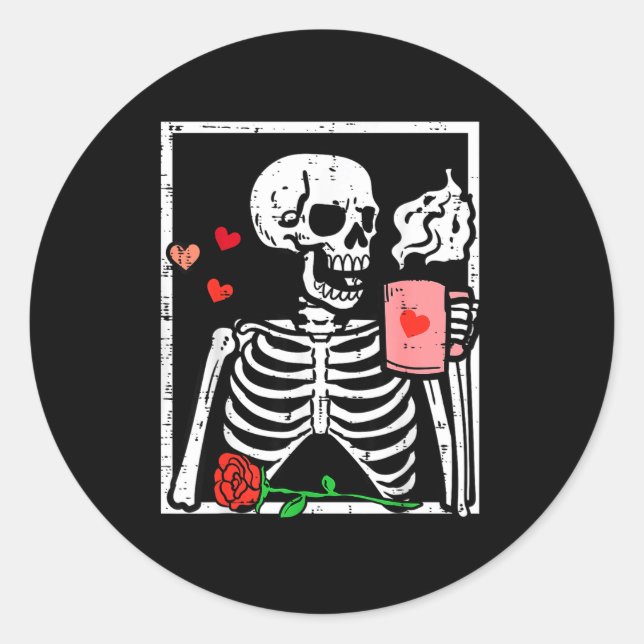 Pegatina Redonda Anti Valentines Day Skeleton Coffee Funny Men Wome (Anverso)