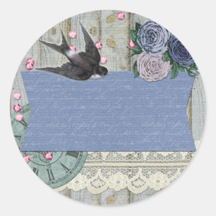 Pegatina Redonda Antigua Golondrina Pájaro Azul Cobalto Shabby Chic