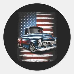 Pegatina Redonda Antiguo Camión De Recogida Bandera Estadounidense 