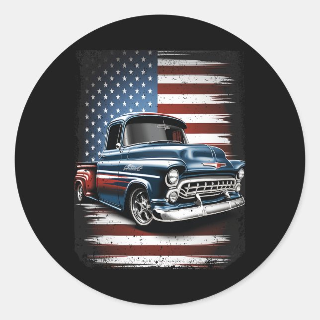 Pegatina Redonda Antiguo Camión De Recogida Bandera Estadounidense  (Anverso)