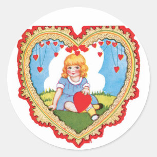 Pegatina Redonda Antiguo corazón Chica de San Valentín
