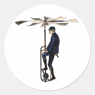 Pegatina Redonda Antiguo Helicóptero Victoriano Volador Contrapunto