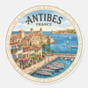 Pegatina Redonda Antiguo pueblo de Antibes Francia
