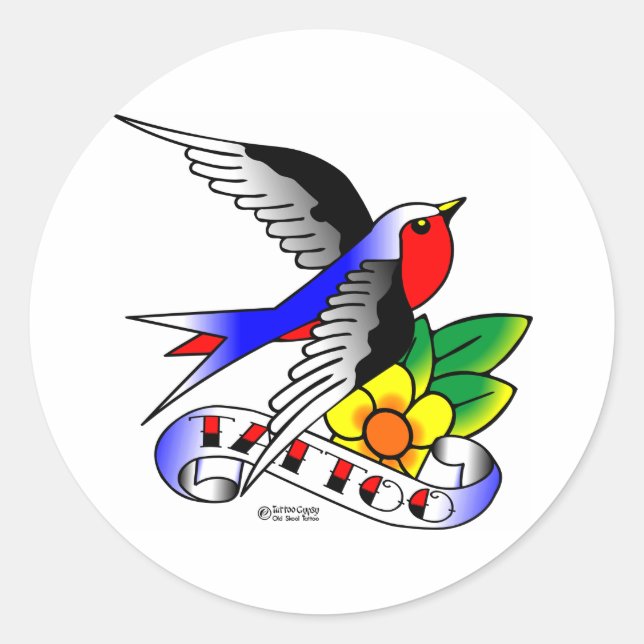 Pegatina Redonda Antiguo Tatuaje Tragado De Skool (Anverso)