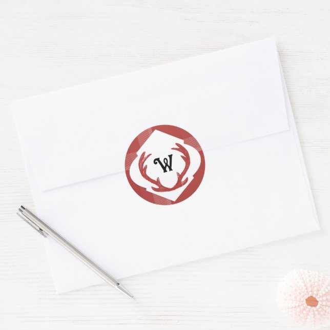 Pegatina Redonda Antillas de venado Monograma mínimo rústico Borgoñ (Sobre)