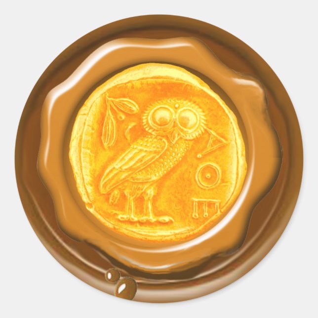 PEGATINA REDONDA ANTIQUE OWL GOLD YELLOW BROWN WAX SEAL (Anverso)