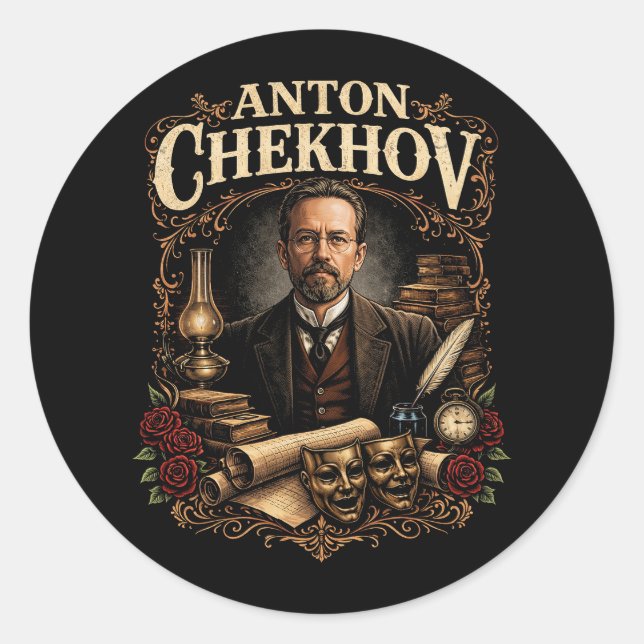 Pegatina Redonda Antón Chéjov (Anverso)