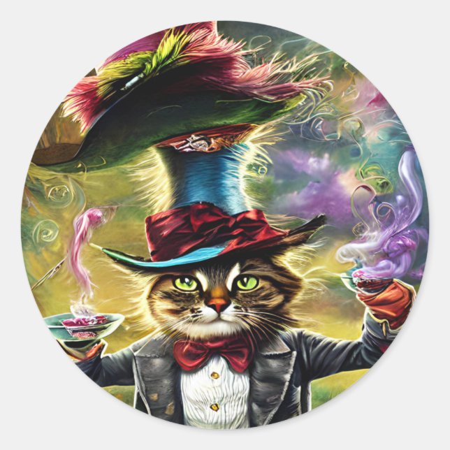 Pegatina Redonda antropomórfico Cat Mad Hatter Fantasy Fairytale (Anverso)