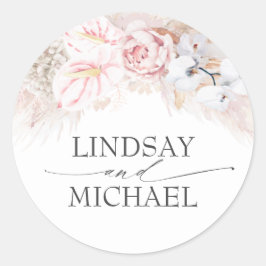 Pegatina Redonda Antrurios rosas y pampas Grass Elegante exótico