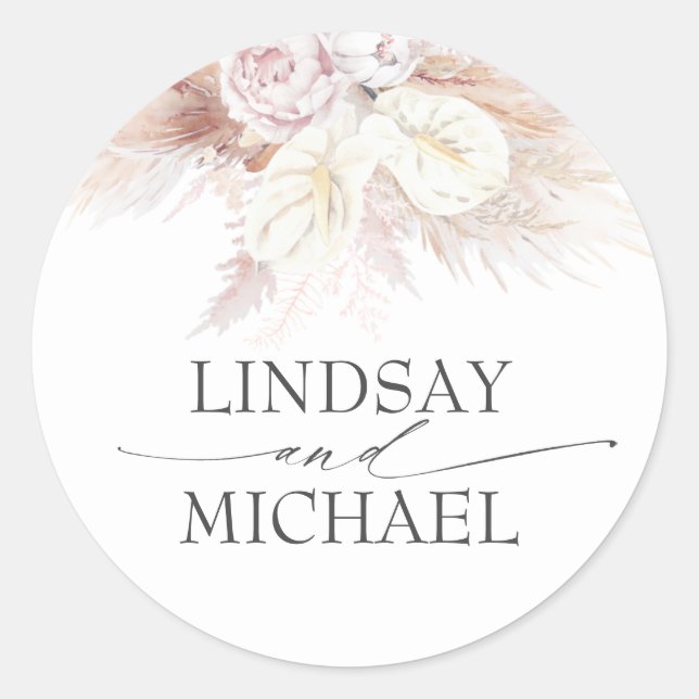 Pegatina Redonda Antrurios y Pampas Grass Elegante Exótico (Anverso)