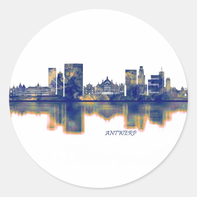 Pegatina Redonda Antwerp Skyline (Anverso)