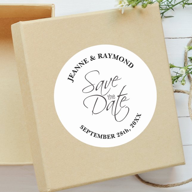 Pegatina Redonda Anuncio de Boda Personalizado de Save The Date Mod (Wedding announcement sticker brings stylish modern beauty to save the date cards.)