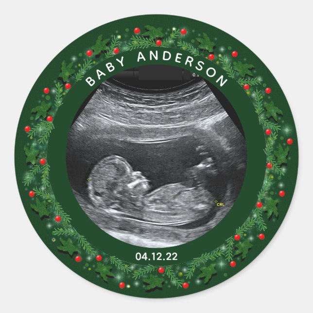 Pegatina Redonda Anuncio de Embarazo en Navidad (Anverso)