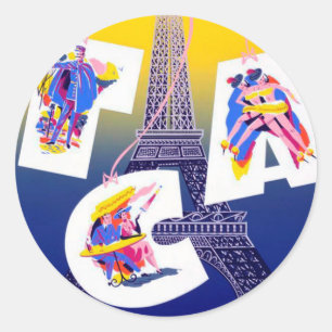 Pegatina Redonda Anuncio de Viajes Aéreos de la Torre Eiffel de Par
