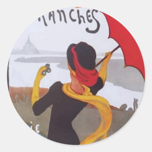 Pegatina Redonda Anuncio de viajes francés de 1910 (Anverso)