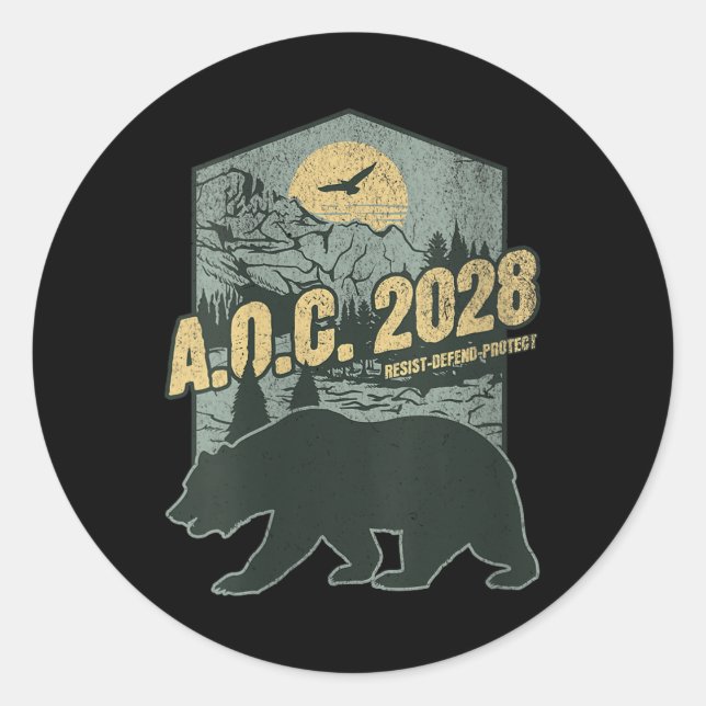 Pegatina Redonda Aoc 2028 Para Presidente Resist Bear Alexandr (Anverso)