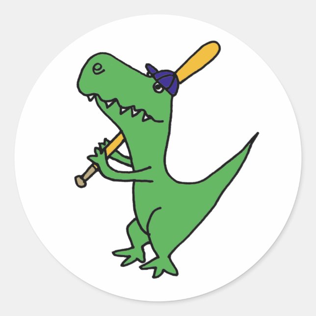 Pegatina Redonda AP- T-rex Dinosaurio jugando al béisbol (Anverso)