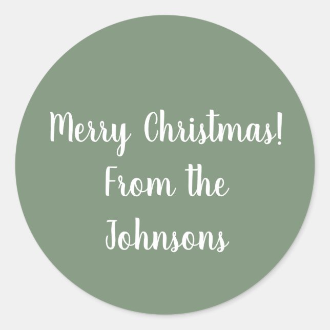 Pegatina Redonda Apellido | Personalizado Sage Green Merry Christma (Anverso)