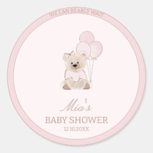 Pegatina Redonda Apenas Podemos Esperar Oso de Peluche Rosa Baby Sh