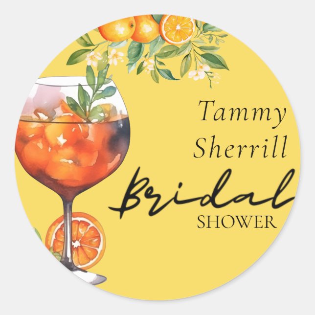 Pegatina Redonda Aperol Spritz Naranja Watercolor Bridal Shower (Anverso)