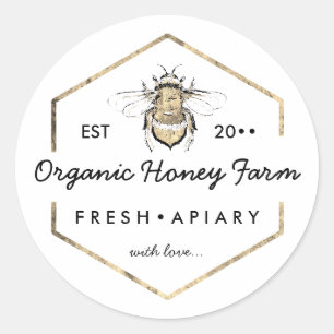 Pegatina Redonda Apiarist Gold Bumble Bee Honeycomb