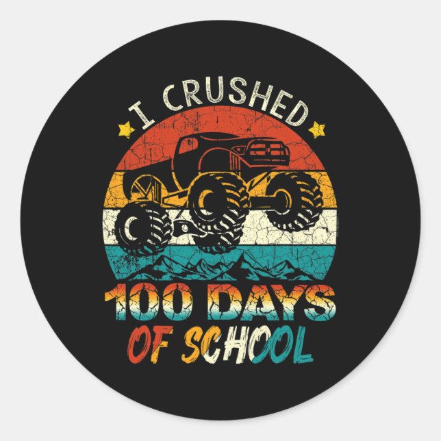 Pegatina Redonda Aplasté 100 Días De Monstruo Escolar Camiones Niño (Anverso)