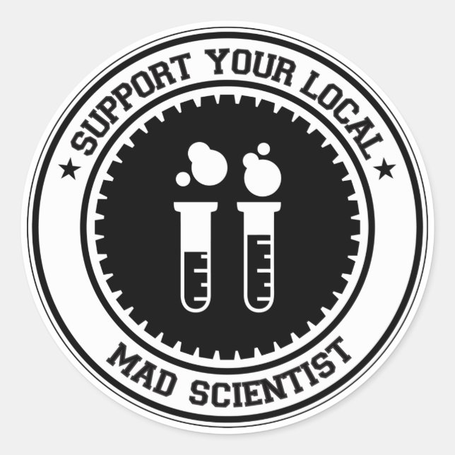 Pegatina Redonda Apoya a su Mad Scientist local (Anverso)