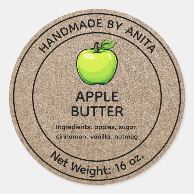 Pegatina Redonda Apple Butter Jam Jelly Jar Label Kraft Paper Style (Anverso)