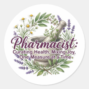 Pegatina Redonda Apreciación del farmacéutico mezclando alegría