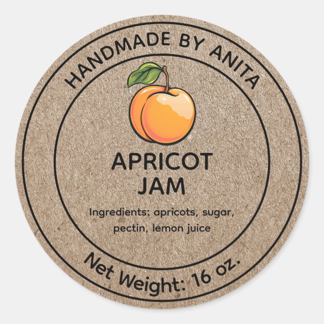 Pegatina Redonda Apricot Jam Jelly Jar Label Kraft Paper Style (Anverso)