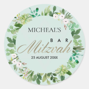 PEGATINA REDONDA AQUA AZUL FOLIAGE WREATH STAR BAR MITZVAH