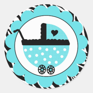 Pegatina Redonda Aqua Blue and Black Zebra Baby Shower