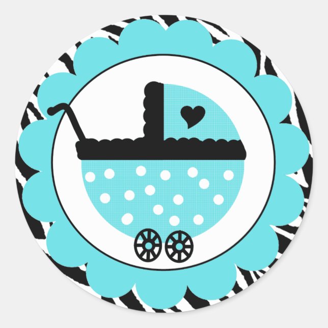 Pegatina Redonda Aqua Blue and Black Zebra Baby Shower (Anverso)