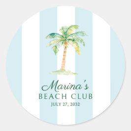 Pegatina Redonda Aqua Blue Cabana Stripes Palm Beach Club Favor