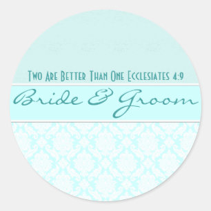 Pegatina Redonda Aqua Blue Damask Vintage Damask Favoritos de boda