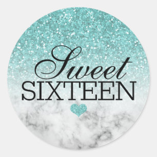 Pegatina Redonda Aqua Blue Faux Purpurina/Marble Sweet 16