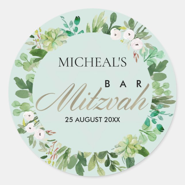 PEGATINA REDONDA AQUA BLUE FOLIAGE WREATH STAR BAR BAT MITZVAH (Anverso)