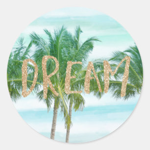 Pegatina Redonda Aqua Blue Mint White Palm Trees Purpurina Dream